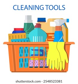 Household cleaning products and accessories in basket with detergent spay and rubber gloves abstract vector illustration in flat design. Cleaning set. MOP, sponge.