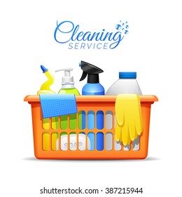 Household cleaning products and accessories in basket realistic pictogram with detergent spay and rubber gloves abstract vector illustration