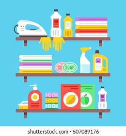 Household cleaning products, chemicals, supplies and objects on shelves. Spring cleaning, washing concept. Flat design vector illustration