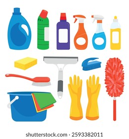 Household Cleaning Products Collection,products, featuring colorful bottles, spray cleaners, and essential cleaning tools. Perfect for advertisements, blogs, and infographics about sanitation