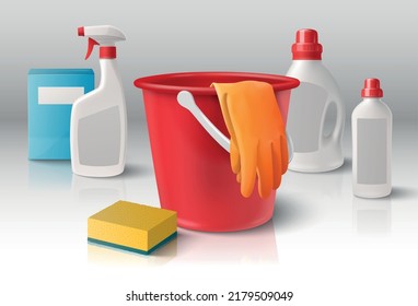 Household cleaning products composition with realistic detergent bottles and plastic bucket vector illustration