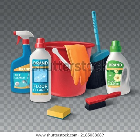 Household cleaning products composition with realistic detergent bottles on transparent background vector illustration