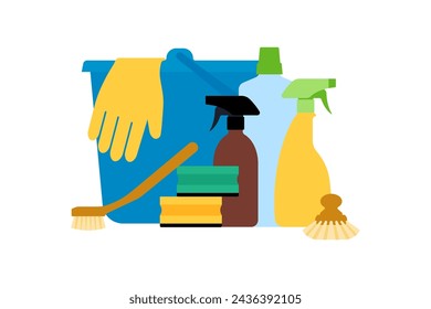 Productos de limpieza para el hogar: detergentes, cepillos, esponjas, cuchara, guantes y limpiador. Ilustración vectorial plana minimalista, aislado en blanco