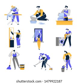 Household, cleaning service isolated icons, women or housewives vector. Electric appliances, washing window and vacuum cleaner, ironing and wiping floor, polishing mirror. Laundry and sweeping