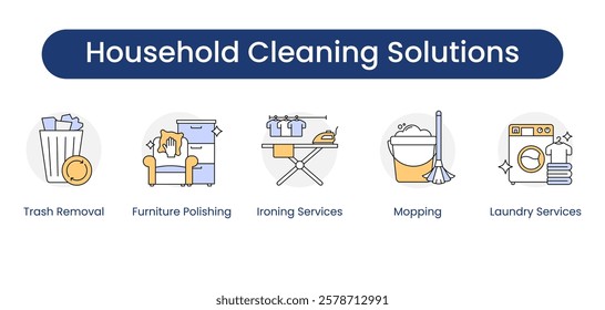 Household Cleaning Solutions. Icons included: Ironing Services, Mopping, Laundry Services, Trash Removal, Furniture Polishing.