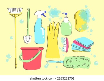 Household cleaning supplies cartoon illustration set. Bucket, mop, brush, detergent, spray, brush, duster, sponge, bottles of cleaners, rubber gloves, tools for housework. Cleanup concept