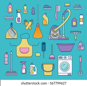 Household cleaning supplies isolated icons set in outline flat style. Washing tools vector cartoon illustrations: bucket, chemistry . Graphic concept for web sites, banner, mobile apps, infographics. 