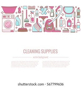 Household cleaning supplies isolated icons set in outline flat style. Washing tools vector cartoon illustrations: bucket, chemistry . Graphic concept for web sites, banner, mobile apps, infographics. 