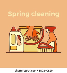 Household cleaning supplies isolated icons set in outline flat style. Washing tools vector cartoon page template . Graphic concept for web sites, banner, mobile apps, infographics.
