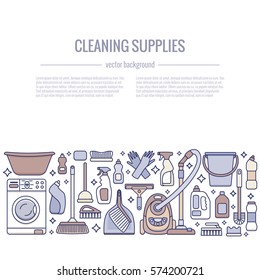 Household cleaning supplies isolated icons set in outline flat style. Washing tools vector cartoon illustrations: bucket, chemistry . Graphic concept for web sites, banner, mobile apps, infographics. 