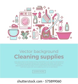 Household cleaning supplies isolated icons set in outline flat style. Washing tools vector cartoon illustrations: bucket, chemistry . Graphic concept for web sites, banner, mobile apps, infographics. 