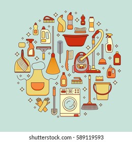 Household cleaning supplies isolated icons set in outline flat style. Washing tools vector cartoon illustrations: bucket, chemistry . Graphic concept for web sites, banner, mobile apps, infographics. 