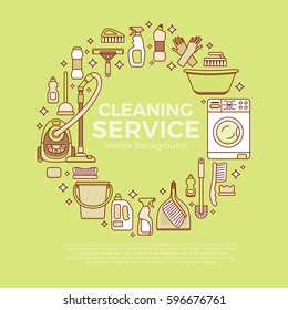 Household cleaning supplies isolated icons set in outline flat style. Washing tools vector cartoon illustrations: bucket, chemistry . Graphic concept for web sites, banner, mobile apps, infographics. 