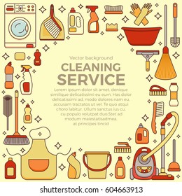 Household cleaning supplies isolated icons set in outline flat style. Washing tools vector cartoon illustrations: bucket, chemistry . Graphic concept for web sites, banner, mobile apps, infographics. 