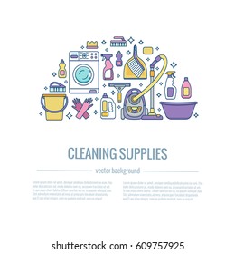 Household cleaning supplies isolated icons set in outline flat style. Washing tools vector cartoon illustrations: bucket, chemistry . Graphic concept for web sites, banner, mobile apps, infographics. 