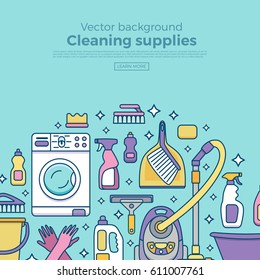 Household cleaning supplies isolated icons set in outline flat style. Washing tools vector cartoon illustrations: bucket, chemistry . Graphic concept for web sites, banner, mobile apps, infographics. 