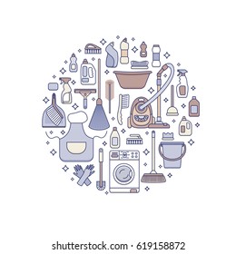 Household cleaning supplies isolated icons set in outline flat style. Washing tools vector cartoon illustrations: bucket, chemicals . Graphic concept for web sites, banner, mobile apps, infographics. 
