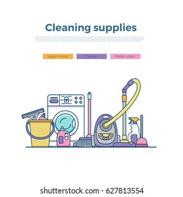 Household cleaning supplies isolated icons set in outline flat style. Washing tools vector cartoon page template . Graphic concept for web sites, banner, mobile apps, infographics.
