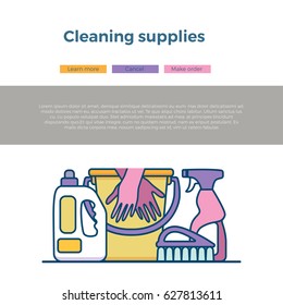 Household cleaning supplies isolated icons set in outline flat style. Washing tools vector cartoon page template . Graphic concept for web sites, banner, mobile apps, infographics.
