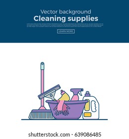 Household cleaning supplies isolated icons set in outline flat style. Washing tools vector cartoon illustrations: bucket, chemistry . Graphic concept for web sites, banner, mobile apps, infographics. 
