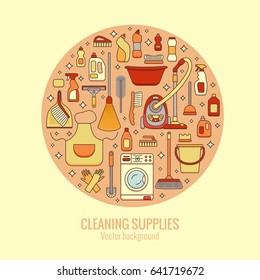 Household cleaning supplies isolated icons set in outline flat style. Washing tools vector cartoon illustrations: bucket, chemistry . Graphic concept for web sites, banner, mobile apps, infographics. 