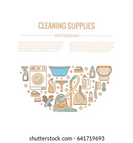 Household cleaning supplies isolated icons set in outline flat style. Washing tools vector cartoon illustrations: bucket, chemistry . Graphic concept for web sites, banner, mobile apps, infographics. 