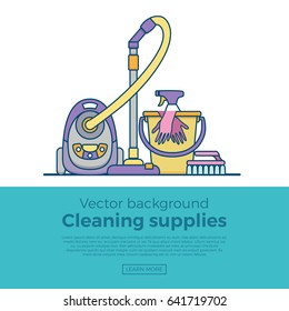 Household cleaning supplies isolated icons set in outline flat style. Washing tools vector cartoon illustrations: bucket, chemistry . Graphic concept for web sites, banner, mobile apps, infographics. 