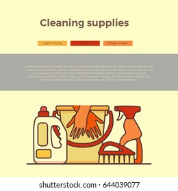 Household cleaning supplies isolated icons set in outline flat style. Washing tools vector cartoon page template . Graphic concept for web sites, banner, mobile apps, infographics.
