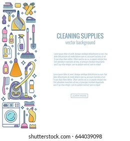 Household cleaning supplies isolated icons set in outline flat style. Washing tools vector cartoon illustrations: bucket, chemistry . Graphic concept for web sites, banner, mobile apps, infographics. 