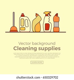 Household cleaning supplies isolated icons set in outline flat style. Washing tools vector cartoon page template . Graphic concept for web sites, banner, mobile apps, infographics.
