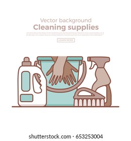 Household cleaning supplies isolated icons set in outline flat style. Washing tools vector cartoon page template . Graphic concept for web sites, banner, mobile apps, infographics.
