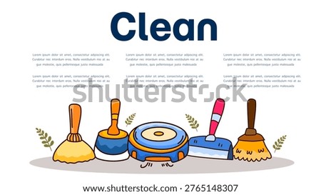 Household cleaning supplies and tools organized neatly for home maintenance and hygiene