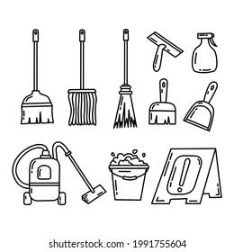 Household Cleaning Supplies Vector Icon Illustration Set With Cute Line Cartoon Style