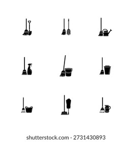 Household Cleaning Tool Silhouette Vector Icon Set featuring Brooms and Mops