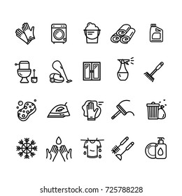 Household and Cleaning Tools Black Thin Line Icon Set for Web and App Include of Equipment Washing and Housework. Vector illustration