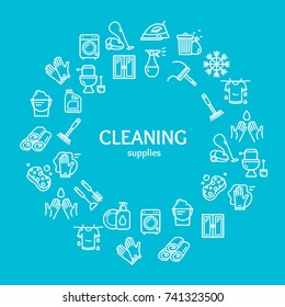 Household and Cleaning Tools Color Round Design Template Line Icon Concept for Laundry Business or Shop on a Blue. Vector illustration of Clean Signs