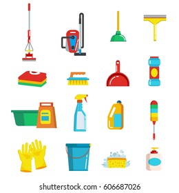 Household cleaning tools and detergents, icons set,  isolated on white background. Vector illustration