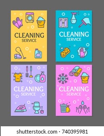 Household and Cleaning Tools Flyer Banner Posters Card Template Set witch Color Outline Icons Marketing Concept Vector illustration of Clean Work Signs Banners