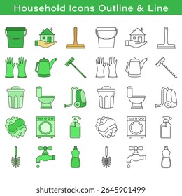 Household Cleaning Tools Outline and Line Vector Illustration