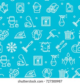 Household and Cleaning Tools Pattern Background on a Blue House Hotel and Office Clean Service. Vector illustration of Hygiene Equipments