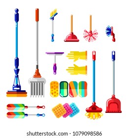 Household cleaning tools and supplies. Vector illustration of multicolor mop, brush, sponge, broom. House cleaning and housework design elements.