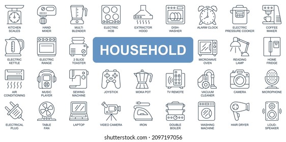 Household concept simple line icons set. Pack outline pictograms of kitchen, scales, mixer, blender, electric hob, dishwasher, table, kettle and other. Vector symbols for website and mobile app design