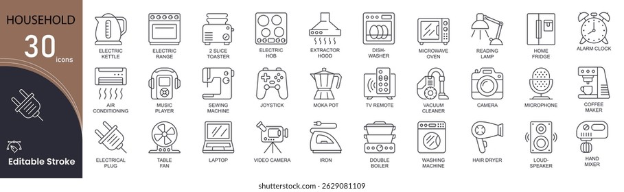 Household concept simple line icons set. Pack outline pictograms of kitchen, scales, mixer, blender, electric hob, dishwasher, table, kettle and other. Editable stroke . Outline icons.