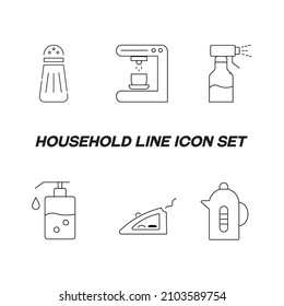 Household and daily routine concept. Collection of modern outline monochrome icons in flat style. Line icon set of salt shaker, coffee machine, sprinkler, liquid soap, flat iron, electrical keеед