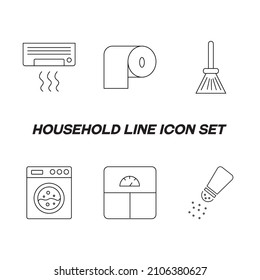Household and daily routine concept. Collection of modern outline monochrome icons in flat style. Line icon set of air conditioner, toilet paper, broom, washing machine, salt shaker, bathroom scales