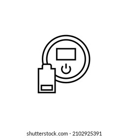 Concepto de hogar y rutina diaria. Signo monocromo de contorno único en estilo plano. Trazo editable. Icono de línea de la aspiradora de robot eléctrico junto a la batería como símbolo del acumulador 