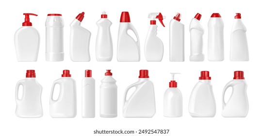 Household detergent and cleaner plastic bottle mockup, vector cleaning products. 3d white containers of bleach, laundry, liquid soap, toilet and bathroom cleaner, fabric softener and stain remover