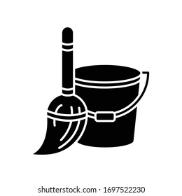 Household duties black glyph icon. Mop and bucket. Cleaning floor utensils. Maintenance supply. Home chores. Tidy house cleanup. Silhouette symbol on white space. Vector isolated illustration