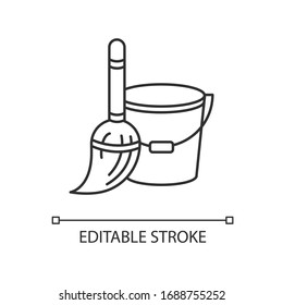 Household duties pixel perfect linear icon. Mop and bucket. Cleaning floor utensils. Thin line customizable illustration. Contour symbol. Vector isolated outline drawing. Editable stroke