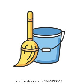 Household duties RGB color icon. Mop and bucket for housecleaning. Cleaning floor utensils. Maintenance supply for janitor. Home chores. Tidy house cleanup. Isolated vector illustration